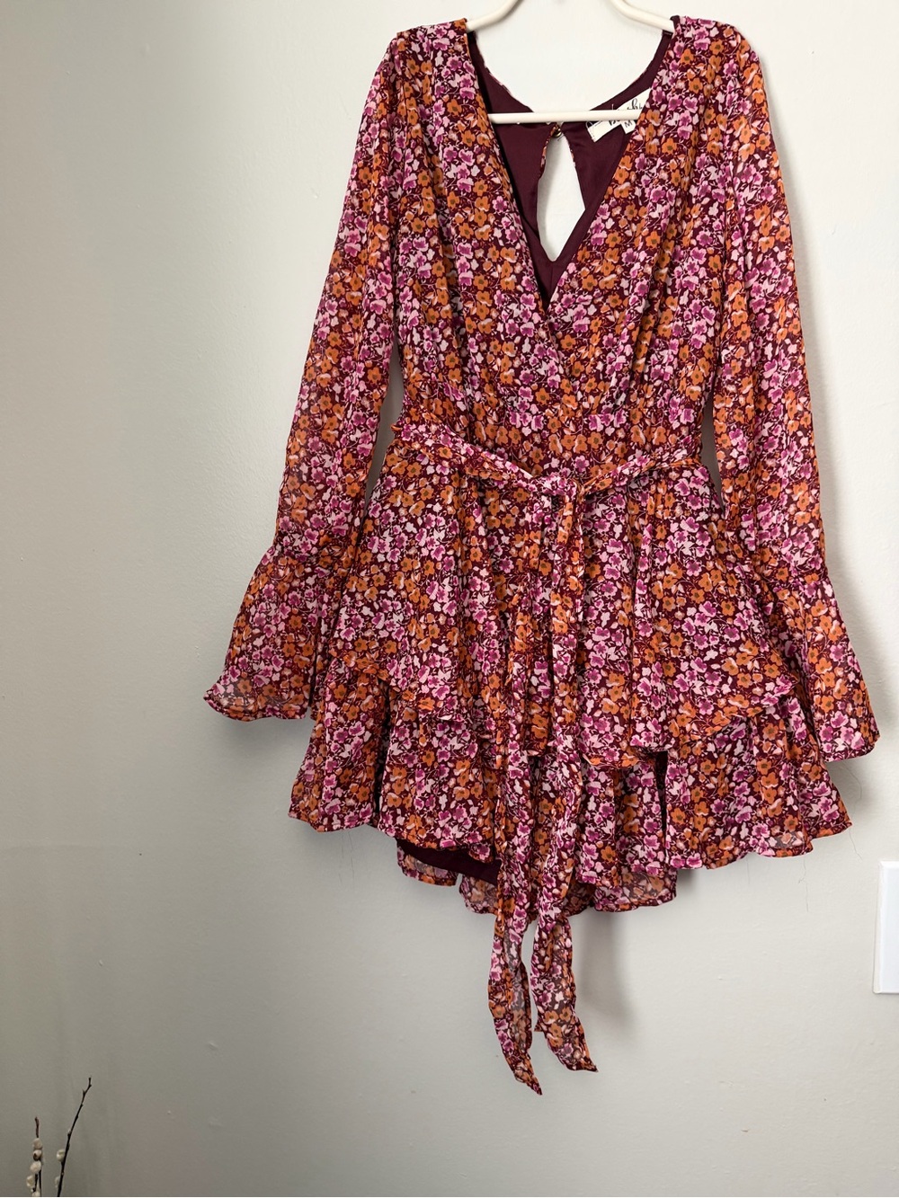 Blush Floral Wrap Romper Dress in Pink and Orange